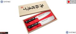 Satake "Katsu" Set of 2 kitchen knives: Nakiri knife, Santoku knife, Комплект съдържащ два броя кухненски ножoве за обща употреба в кухнята, ножовете са изработени от неръждаема Японска стомана, Хром-Молибден Ванадий, Satake Япония